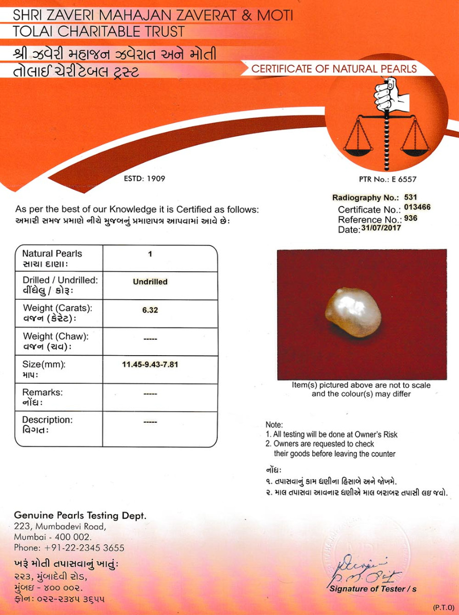 6.32 Carat/ 7.01 Ratti Natural Basra Pearl (Moti) Gemstone