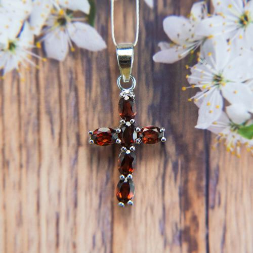 Red Garnet Silver Cross Pendant