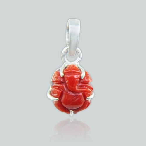 Red Coral (Moonga) Ganesha Silver Pendant