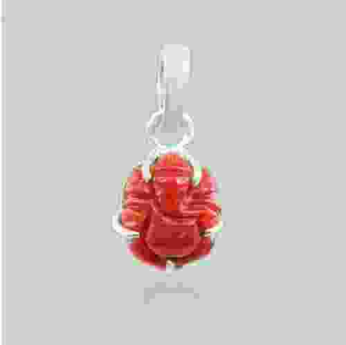 Red Coral (Moonga) Ganesha Silver Pendant