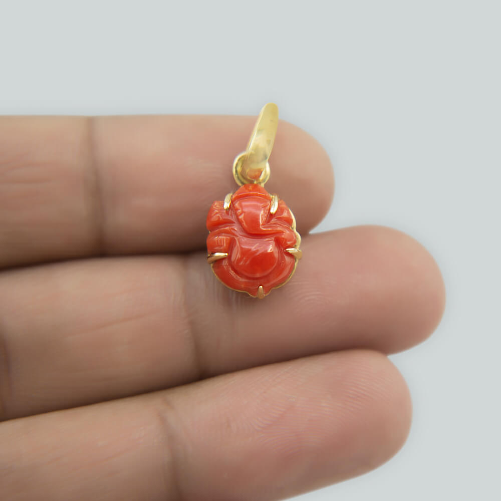 Red Coral Ganesha Gold Pendant