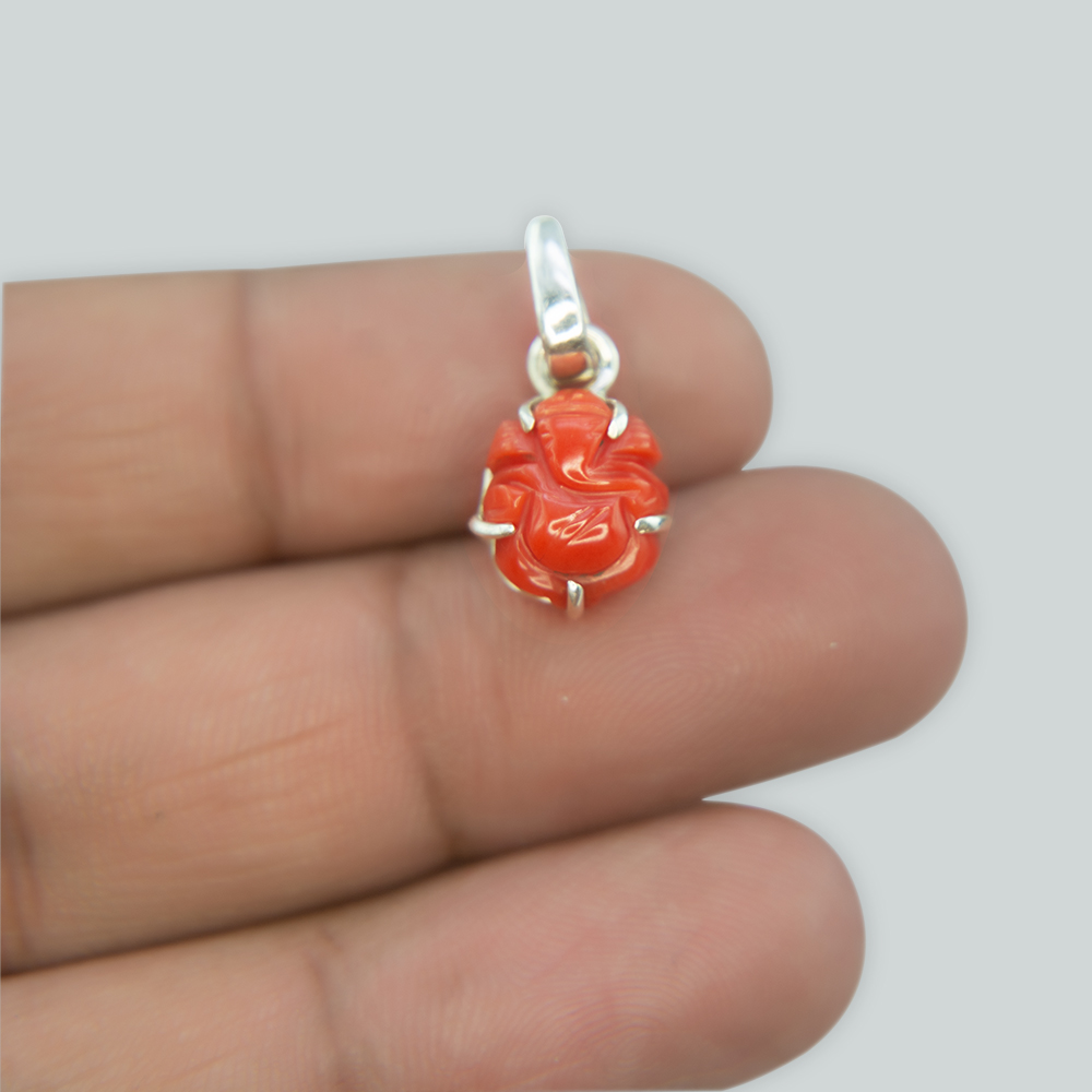 Red Coral Ganesha Silver Pendant