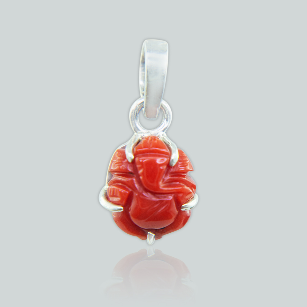 Red Coral Ganesha Silver Pendant